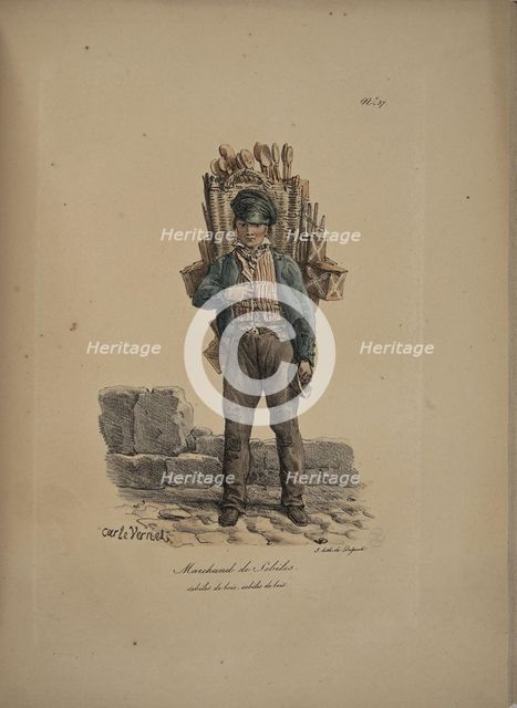 Bowl seller. From the Series "Cris de Paris" (The Cries of Paris), 1815. Creator: Vernet, Carle (1758-1836).