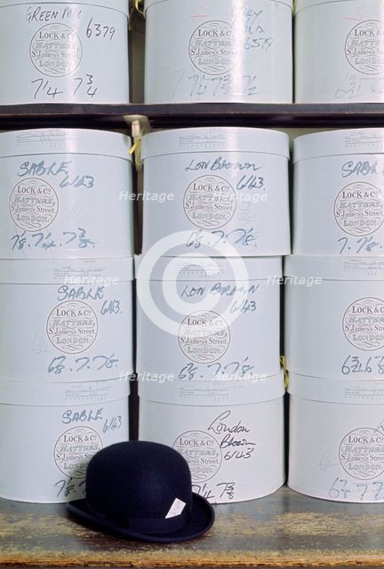 Bowler hat and hatboxes, Lock & Co, Hatters, St James's Street, London, 1968. Creator: Tony Evans.