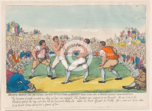 Boxing Match for 200 Guineas, Betwixt Dutch Sam and Medley Fought 31 May 1810, on ..., June 5, 1810. Creator: Thomas Rowlandson.