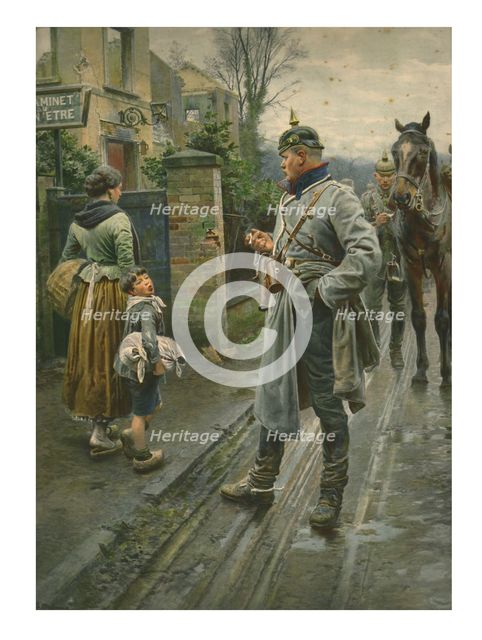Boy making a face at a German cavalry officer. Creator: Unknown.