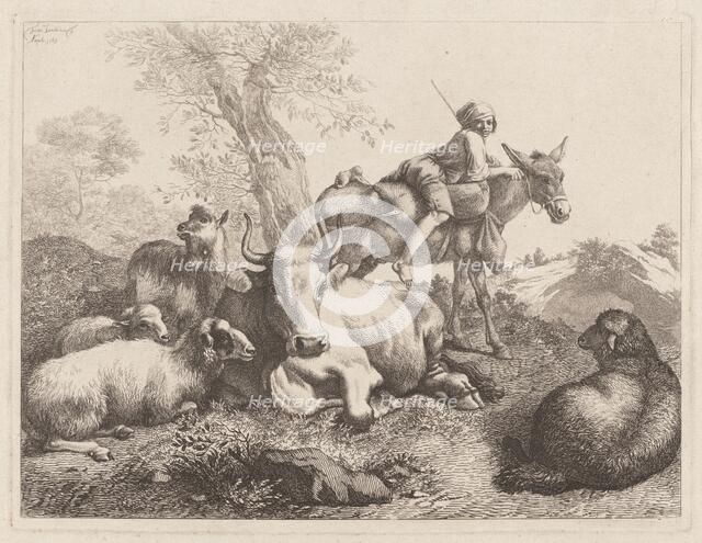 Boy on a Donkey Watching over a Group of Animals, 1763. Creator: Francesco Londonio.