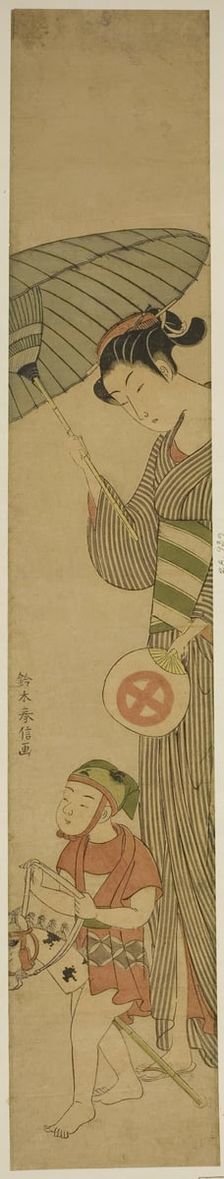 Boy on Hobby Horse Followed by Woman Holding Umbrella, c. 1768/69. Creator: Suzuki Harunobu
