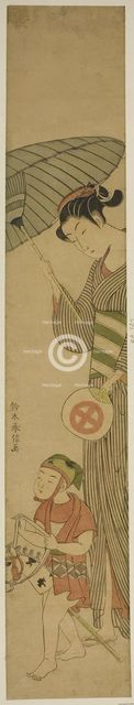 Boy on Hobby Horse Followed by Woman Holding Umbrella, c. 1768/69. Creator: Suzuki Harunobu.