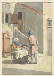 Boy and woman with child outside a house, 1700-1800. Creator: W. Barthautz