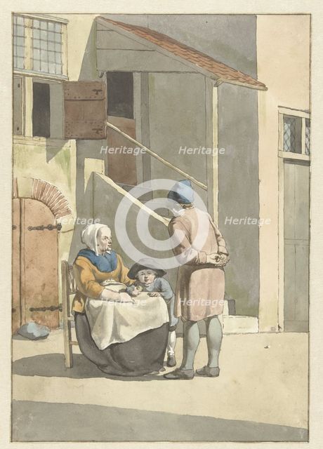 Boy and woman with child outside a house, 1700-1800. Creator: W. Barthautz.