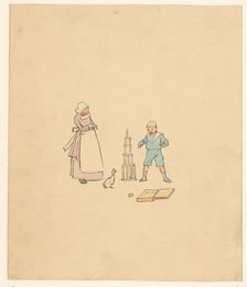 Boy and all over a block tower, c.1880-c.1910. Creator: Anon