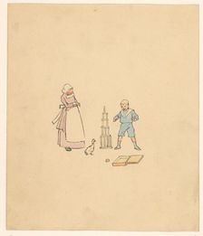 Boy and all over a block tower, c.1880-c.1910. Creator: Anon