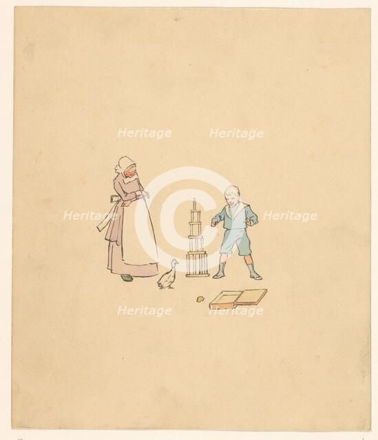 Boy and all over a block tower, c.1880-c.1910. Creator: Anon.