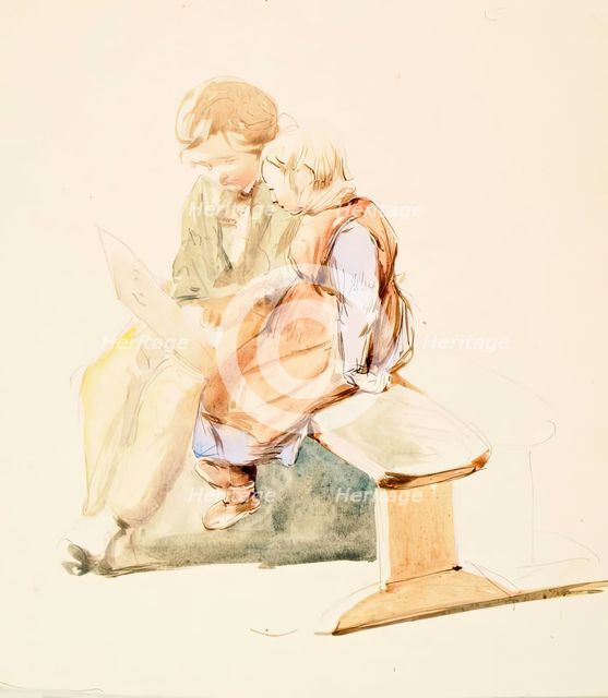 Boy and Girl on a Bench, c1840-1867. Creator: John Phillip.