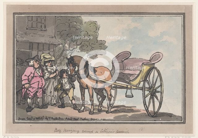 Boy Bringing Round a Citizen's Curricle, August 1, 1787., August 1, 1787. Creator: Thomas Rowlandson.