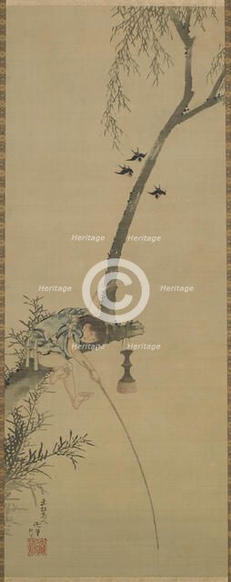 Boy fishing from the limb of a tree, Edo period, 1839. Creator: Hokusai.