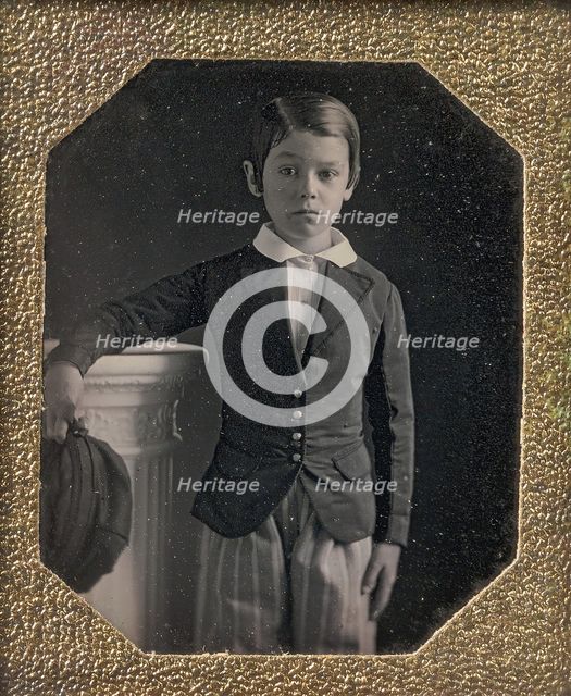 Boy Holding Cap, Resting Arm on a Column, 1840s. Creator: Unknown.