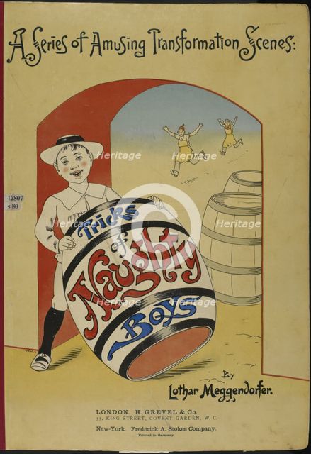 Boy holding a large barrel - book cover, 1900. Creator: Lothar Meggendorfer.