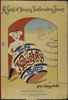 Boy holding a large barrel - book cover, 1900. Creator: Lothar Meggendorfer