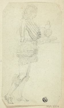 Boy in Historical Dress Bearing Object, n.d. Creator: Unknown