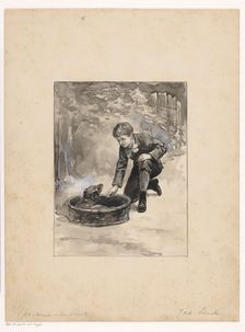 Boy kneels down to dog in a basket, 1870-1937 Creator: Willem Wenckebach