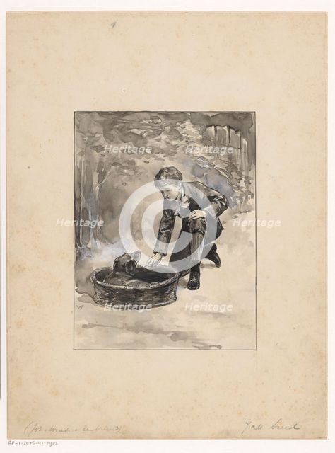Boy kneels down to dog in a basket, 1870-1937 Creator: Willem Wenckebach.
