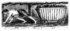 Boy putter drawing a truck containing coal along a 24 inch high seam, Halifax, Yorkshire, 1848