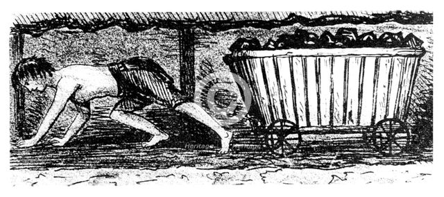 Boy 'putter' drawing a truck containing coal along a 24 inch high seam, Halifax, Yorkshire, 1848. Artist: Unknown