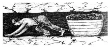 Boy putter dragging a sledge of coal along a narrow seam, South Wales, 1848