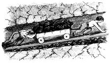 Boy putters moving coal in a narrow seam, Lancashire, England, 1848. Creator: Unknown