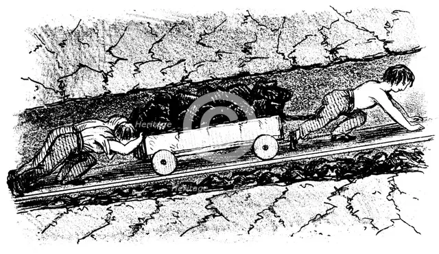 Boy 'putters' moving coal in a narrow seam, Lancashire, England, 1848. Creator: Unknown.