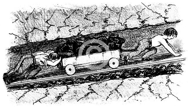 Boy 'putters' moving coal in a narrow seam, Lancashire, England, 1848. Creator: Unknown.