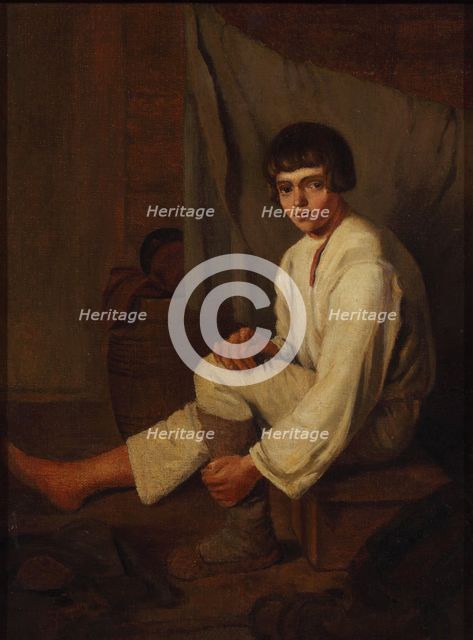 Boy putting bast shoe on, 1820s.