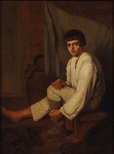 Boy putting bast shoe on, 1820s