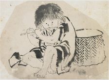 Boy Playing Flute, Edo period, ca. 1840. Creator: Hokusai