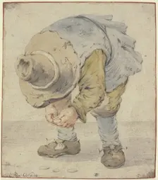 Boy stooping with a large hat, c1630-1680. Creator: Adriaen van Ostade