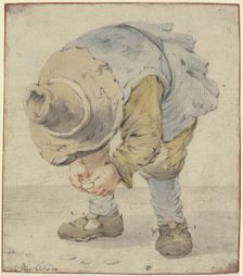 Boy stooping with a large hat, c1630-1680. Creator: Adriaen van Ostade