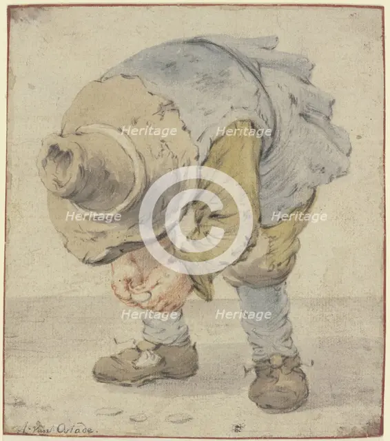 Boy stooping with a large hat, c1630-1680. Creator: Adriaen van Ostade.
