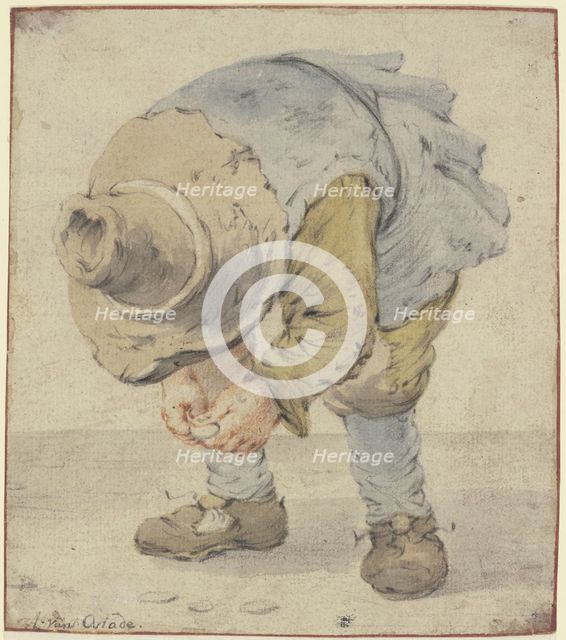 Boy stooping with a large hat, c1630-1680. Creator: Adriaen van Ostade.