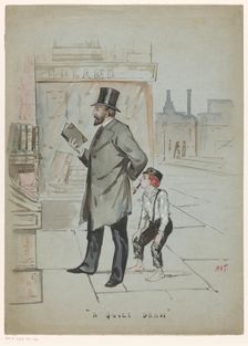 Boy secretly takes a puff of a cigar held by a man looking at books, c.1900-c.1950. Creator: Mat