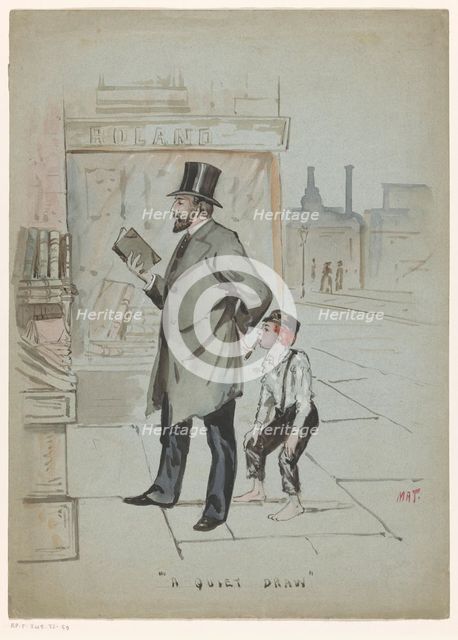 Boy secretly takes a puff of a cigar held by a man looking at books, c.1900-c.1950. Creator: Mat.