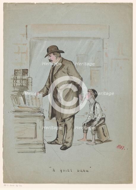 Boy secretly takes a puff of a cigar held by a man looking at sheet music, c.1900-c.1950. Creator: Mat.