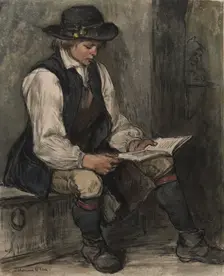 Boy sits and reads in a book, 1860-1890. Creator: Carl Gustaf Hellqvist