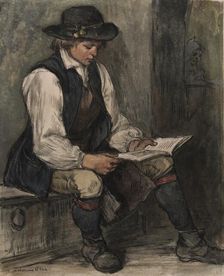Boy sits and reads in a book, 1860-1890. Creator: Carl Gustaf Hellqvist
