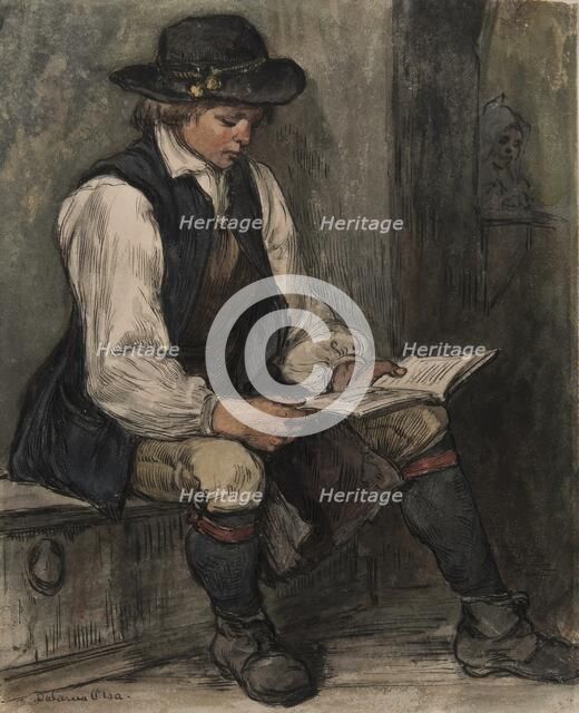 Boy sits and reads in a book, 1860-1890. Creator: Carl Gustaf Hellqvist.