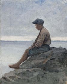 Boy sitting on rocks at the beach, 1880-1889. Creator: Amelie Lundahl