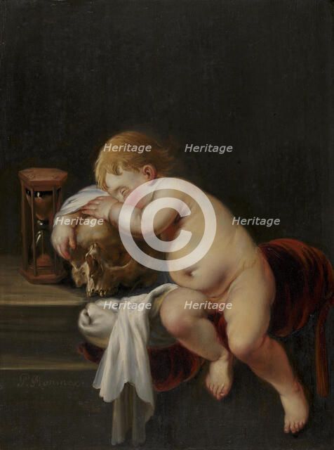 Boy sleeping on a Skull, 1621-1686. Creator: Pieter Moninckx.