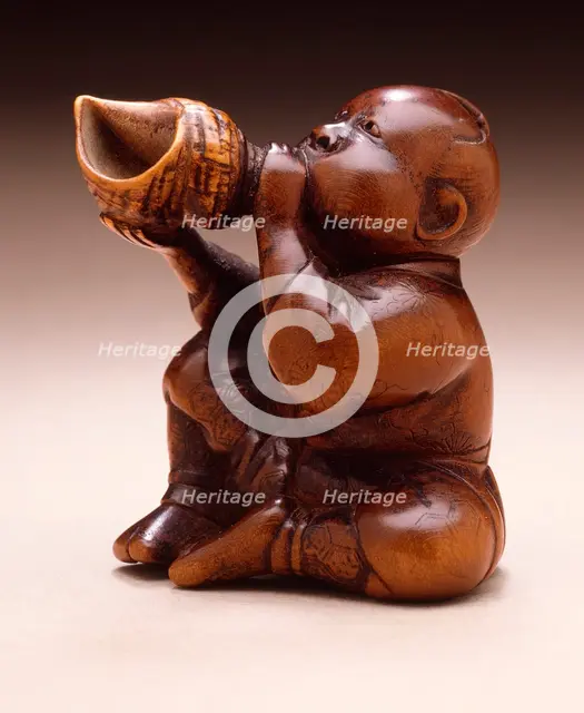 Boy Sounding Conch Shell, Mid-19th century. Creator: Shunkosai Chogetsu.