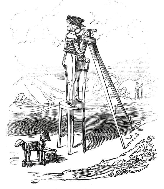 Boy using surveying instrument, 1845. Creator: Alfred Crowquill.