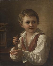 Boy with a Goldfinch. Creator: Tropinin, Vasili Andreyevich (1776-1857)
