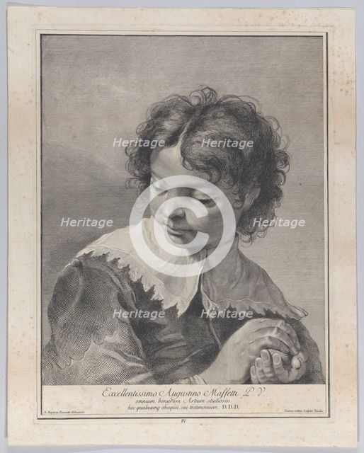 Boy with a lace collar holding a piece of fruit in his hands, 1743.  Creator: Giovanni Cattini.