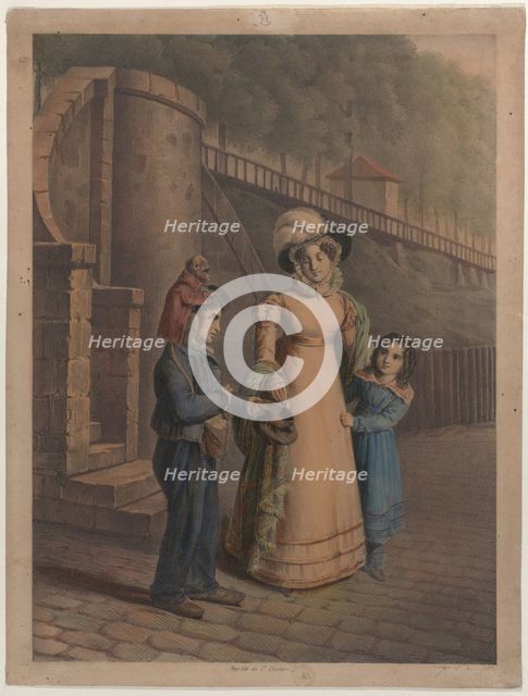 Boy with a monkey on his shoulder receiving coins from a mother and daughter, 1803-40. Creator: Charles Louis Constans.