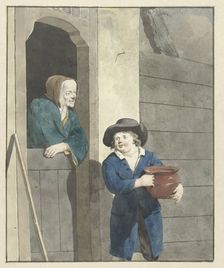 Boy with a pot with a woman leaning on a lower door, 1700-1800. Creator: W. Barthautz
