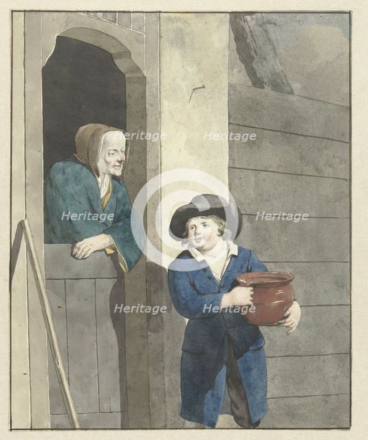 Boy with a pot with a woman leaning on a lower door, 1700-1800. Creator: W. Barthautz.