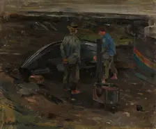 Boys taring a Boat, Nevlunghavn, 1880. Creator: Gerhard Munthe